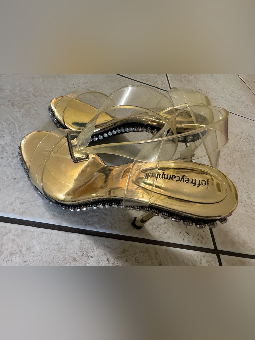 Jeffrey Campbell Gold Sandal with Clear Straps and Rhinestone Trim